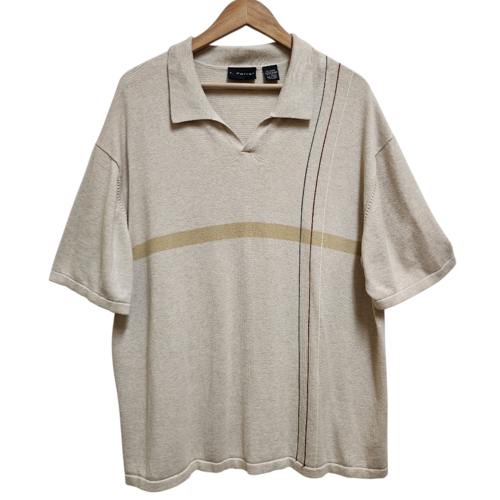 J Ferrar Sweater Men XXL Cotton Tan Stripe Stretch Knit Collared Short Slv Polo
